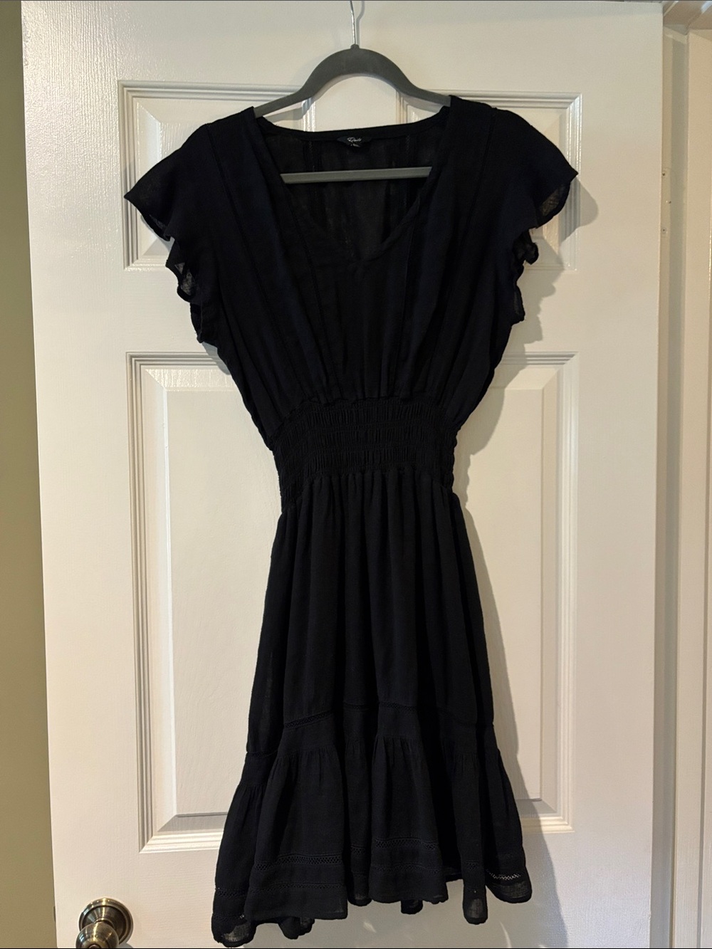 Rails Black Smocked-Waist Midi Dress with Flutter Sleeves